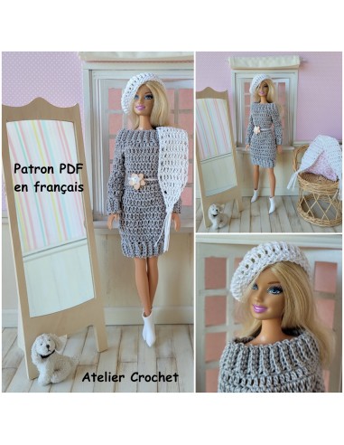 Robe, écharpe et béret patron PDF de crochet pour poupée Barbie