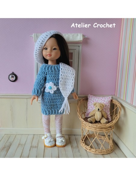 Ensemble robe, écharpe et béret au crochet pour poupée Paola Reina Las Amigas