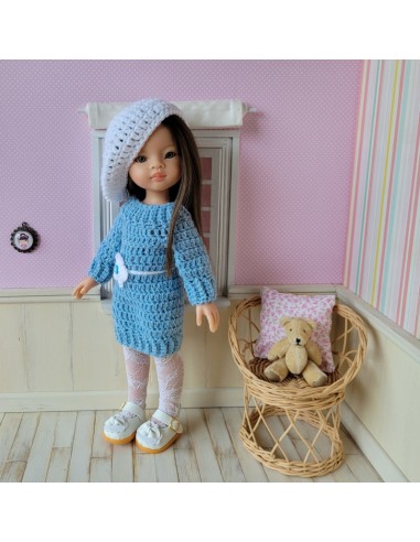 Ensemble robe, écharpe et béret au crochet pour poupée Paola Reina Las Amigas