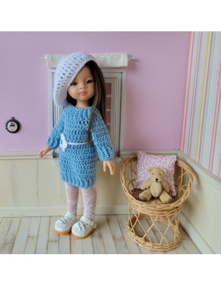 Ensemble robe, écharpe et béret au crochet pour poupée Paola Reina Las Amigas