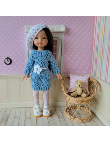 Ensemble robe, écharpe et béret au crochet pour poupée Paola Reina Las Amigas