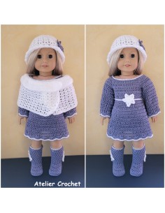 Robe, cape, chapeau et bottes ensemble au crochet pour poupée American Girl