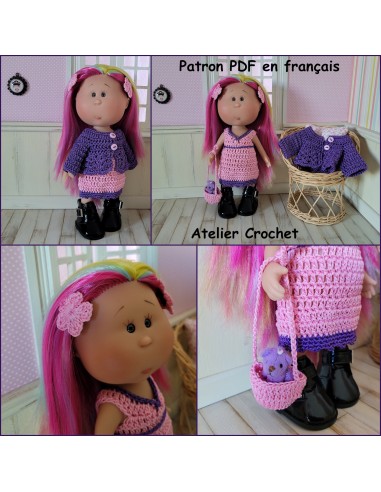 Robe, gilet, barrettes et sac patron PDF de crochet pour poupée Little Mia Nines d'Onil