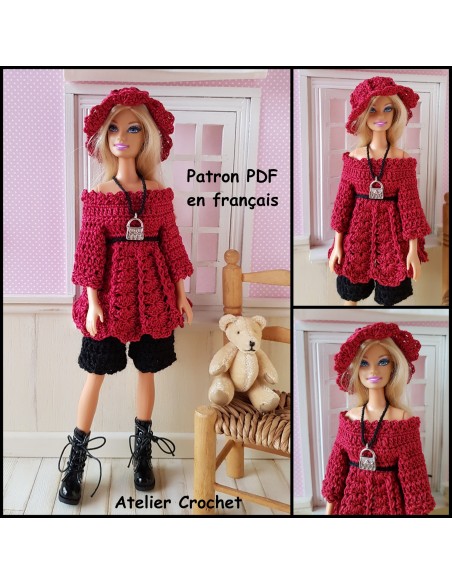 Tunique, short et chapeau patron PDF de crochet pour poupée Barbie