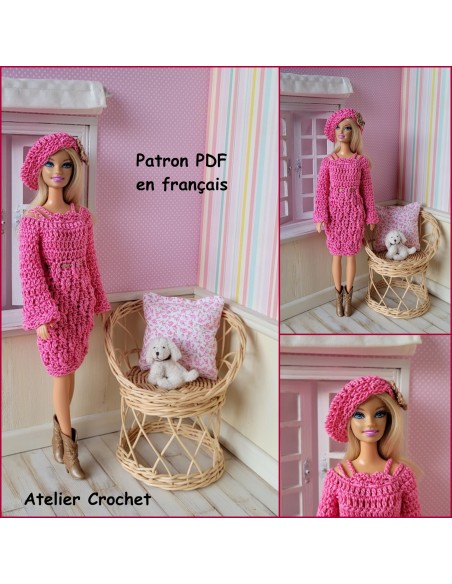 Robe à manches longues et béret patron PDF de crochet pour Barbie