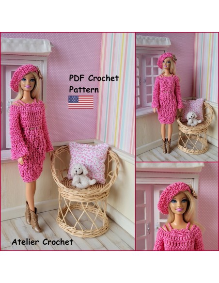 Patron PDF robe et béret au crochet pour poupée Barbie