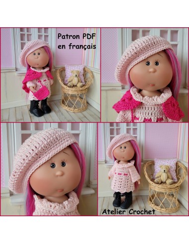 Robe, châle, béret et sac patron PDF de crochet pour poupée Little Mia Nines d'Onil