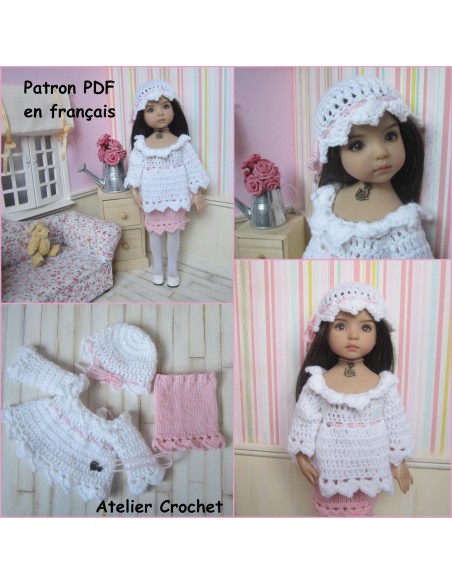 Tunique, jupe et bonnet patron PDF tricot et crochet pour Little Darling, Paola Reina Las Amigas ou Chéries de Corolle