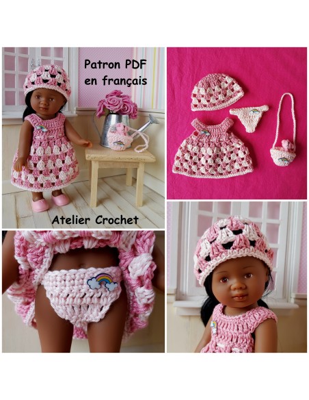 Robe, bonnet, culotte et sac patron PDF de crochet pour poupée mini corolline