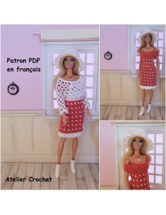 Robe, cache-coeur et chapeau patron PDF de crochet pour Barbie