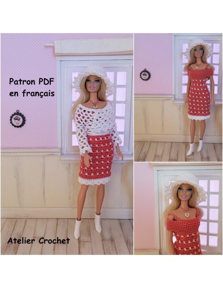 Robe, cache-coeur et chapeau patron PDF de crochet pour Barbie