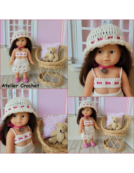 Ensemble jupe, top et chapeau au crochet pour poupée mini corolline
