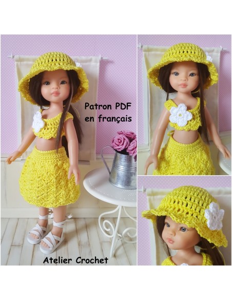 Jupe, top et chapeau patron PDF de crochet pour poupée Paola Reina Las Amigas