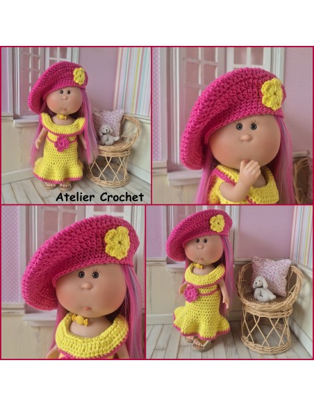 Ensemble robe, ceinture et béret au crochet pour poupée Little Mia Nines d'Onil