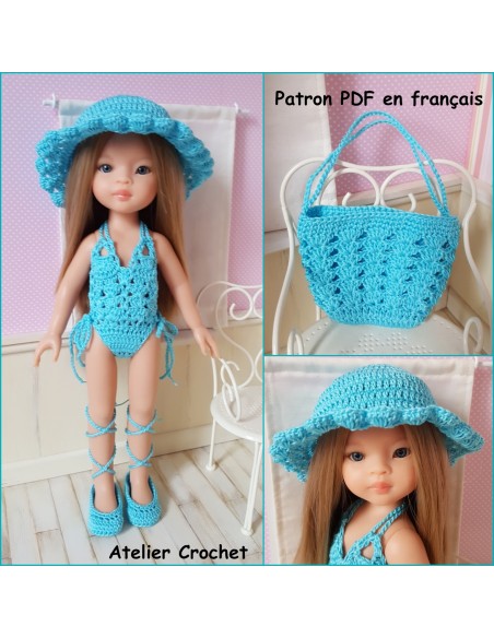 maillot de bain, chapeau, sac et chaussures patron PDF de crochet pour poupée Paola Reina Las Amigas