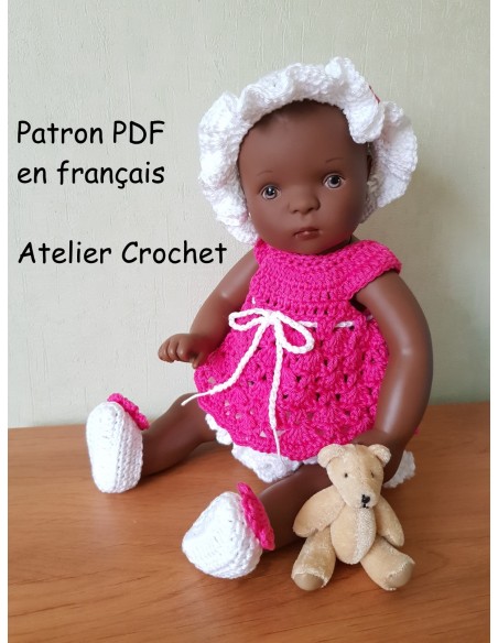 Tunique, culotte, chapeau et chaussons patron PDF de crochet pour poupon Bibichou