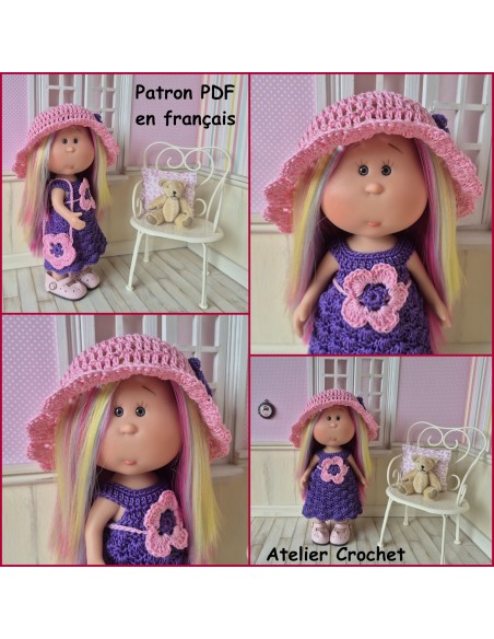 Robe, ceinture, chapeau et sac patron PDF de crochet pour poupée Little Mia Nines d'Onil