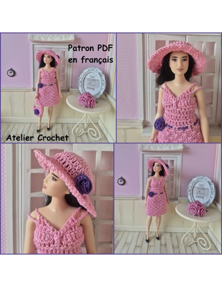 robe, chapeau et sac patron PDF de crochet pour poupée Barbie Curvy