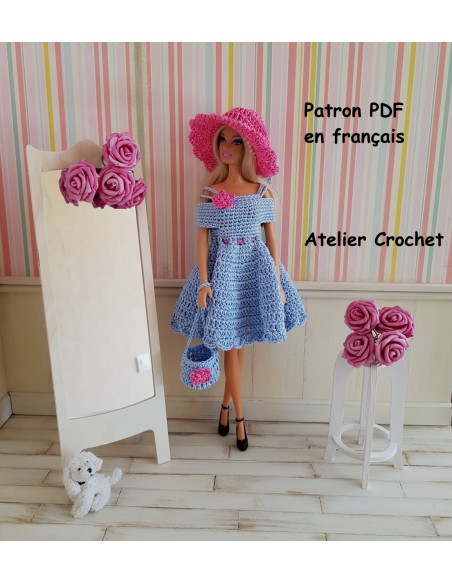 Robe, chapeau et sac patron PDF de crochet pour poupée Barbie