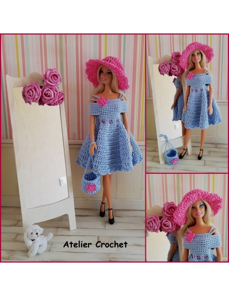 Robe, chapeau et sac patron PDF de crochet pour poupée Barbie