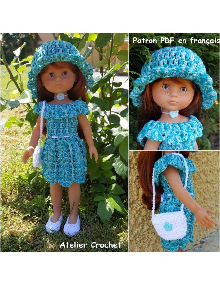 Robe, chapeau, sac et chaussures patron PDF de crochet pour poupée Chérie de Corolle ou Paola Reina Las Amigas
