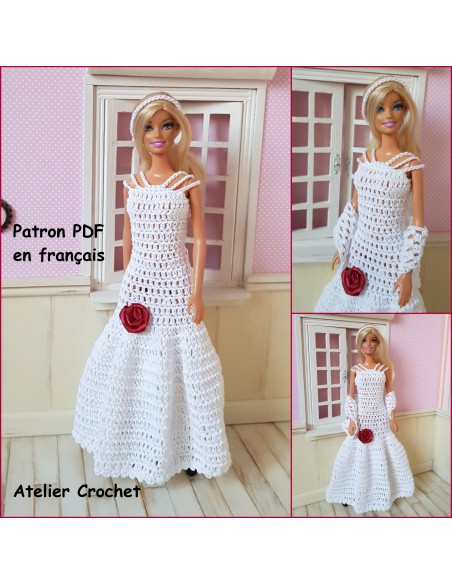 Robe de mariée, étole et serre tête patron PDF de crochet pour poupée Barbie