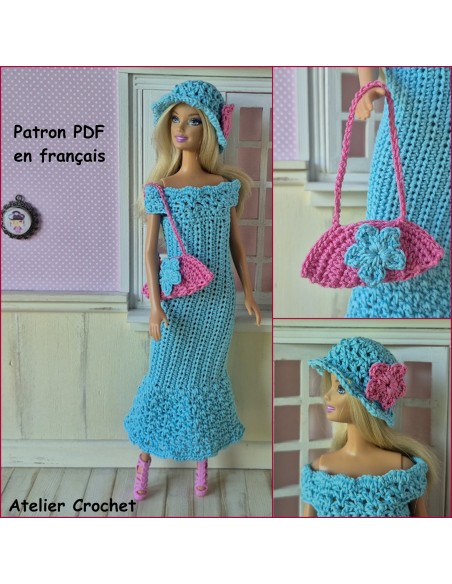 Robe, chapeau et sac patron PDF de crochet pour poupée Barbie