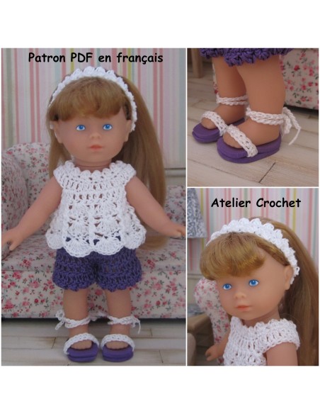 Top, short, serre tête et chaussures patron PDF de crochet pour poupée mini corolline