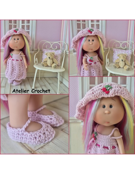 Ensemble robe, chapeau et chaussures au crochet pour poupée Little Mia Nines d'Onil