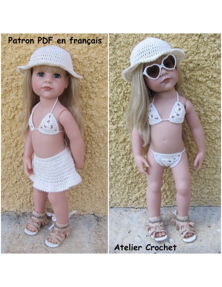 Maillot de bain, chapeau et jupette patron PDF de crochet pour poupée Hannah de Götz