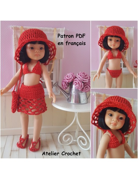 Bikini, jupe, sac, chaussures et chapeau patron PDF de crochet pour poupée Paola Reina Las Amigas
