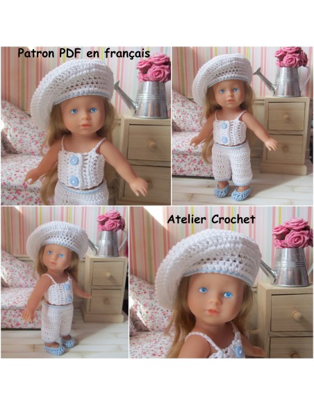 Top, pantalon, béret et chaussures patron PDF de crochet pour poupée mini corolline