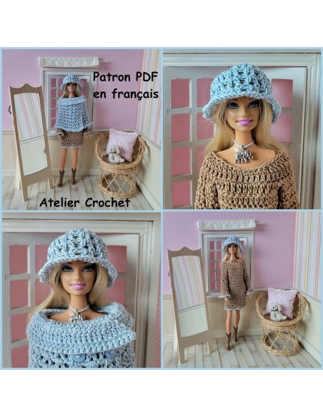 Robe à manches longues, cape et chapeau patron PDF de crochet pour Barbie