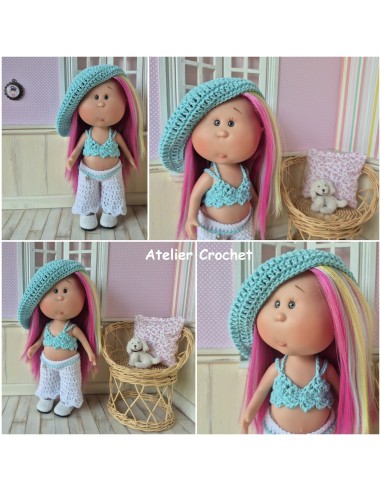Ensemble top, pantalon, ceinture et béret au crochet pour poupée Little Mia Nines d'Onil