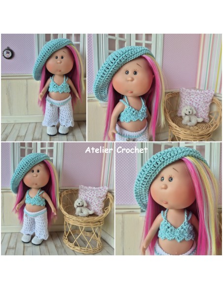 Ensemble top, pantalon, ceinture et béret au crochet pour poupée Little Mia Nines d'Onil