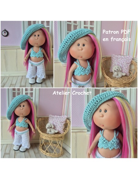 Top, pantalon, ceinture et béret patron PDF de crochet pour poupée Little Mia Nines d'Onil