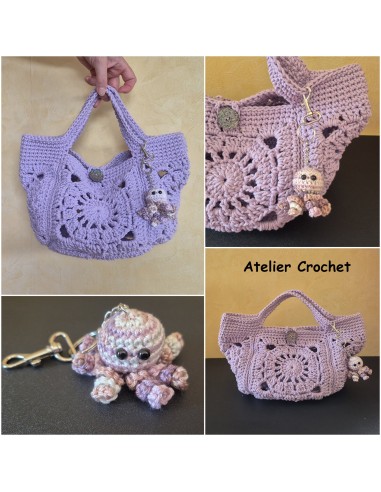 sac mauve au crochet avec son bijou de sac poulpe au crochet