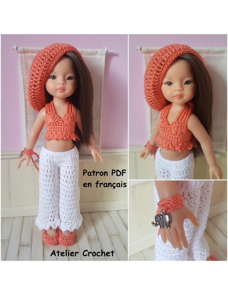 Top, pantalon, béret, bracelet et chaussures patron PDF de crochet pour poupée Paola Reina Las Amigas
