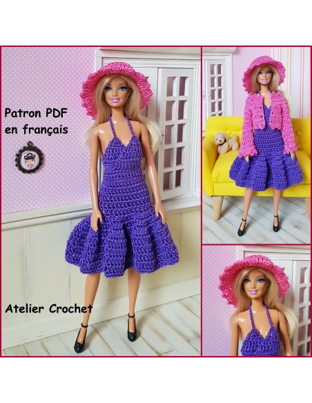 Robe, boléro et chapeau patron PDF de crochet pour poupée Barbie