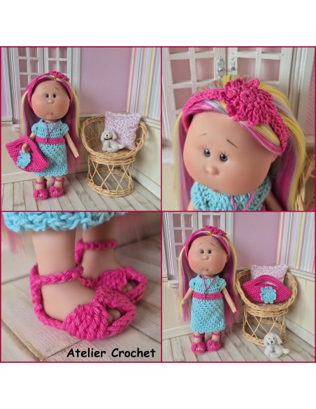 Ensemble robe, sac, serre tête et chaussures au crochet pour poupée Little Mia Nines d'Onil