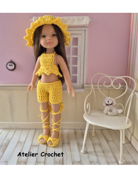 Ensemble top, short, chapeau et chaussures au crochet pour poupée Paola Reina Las Amigas