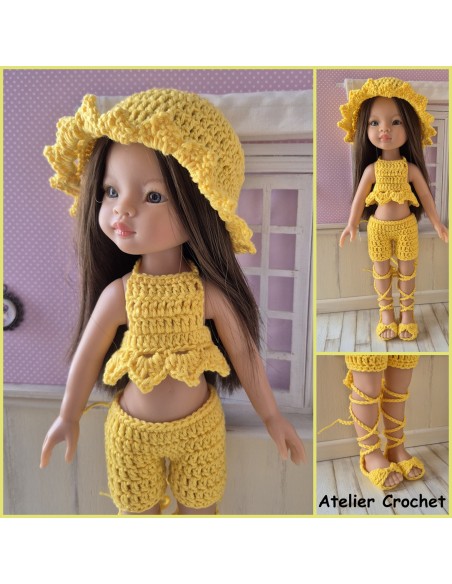 Ensemble top, short, chapeau et chaussures au crochet pour poupée Paola Reina Las Amigas