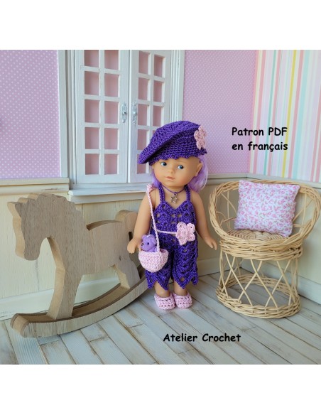 Combinaison, ceinture, béret, sac et chaussures patron PDF de crochet pour poupée mini corolline
