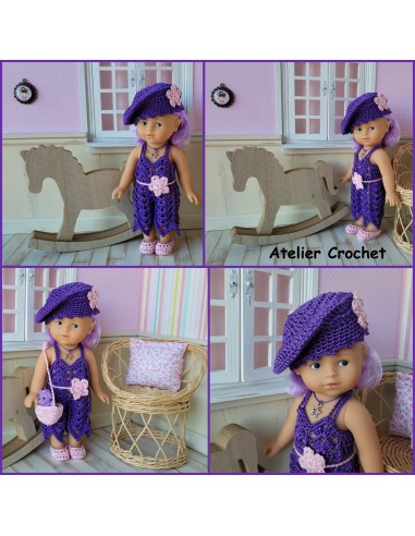 Combinaison, ceinture, béret, sac et chaussures patron PDF de crochet pour poupée mini corolline