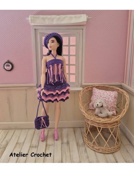 top, jupe, sac et béret au crochet pour poupée Barbie Curvy