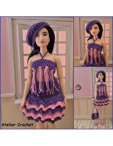 top, jupe, sac et béret au crochet pour poupée Barbie Curvy