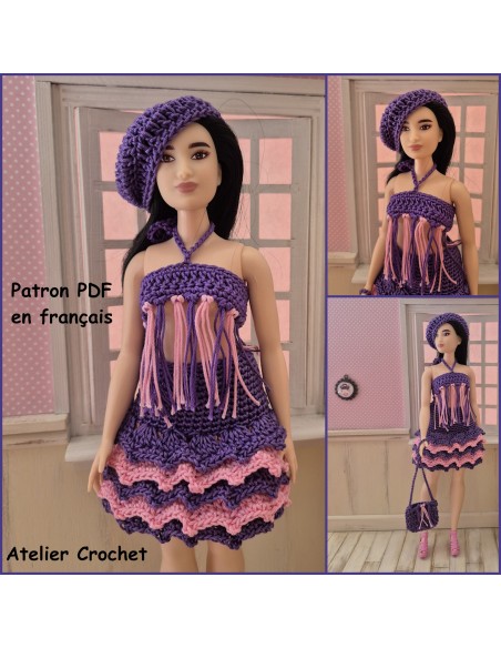 Jupe, top, béret et sac patron PDF de crochet pour poupée Barbie Curvy