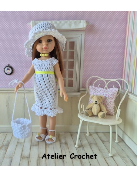 Robe, chapeau, sac et chaussures au crochet pour poupée Paola Reina Las Amigas