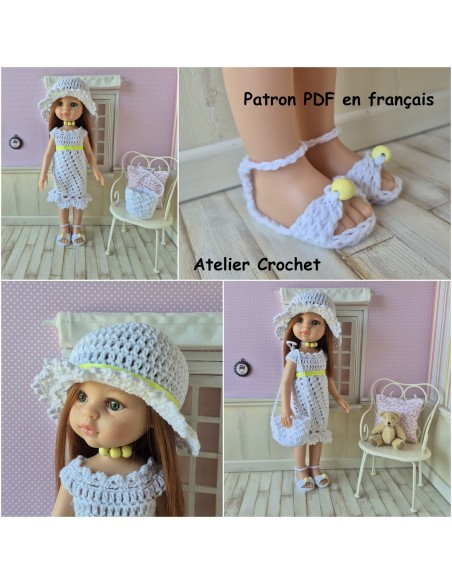 Robe, chapeau, chaussures et sac patron PDF de crochet pour poupée Paola Reina Las Amigas