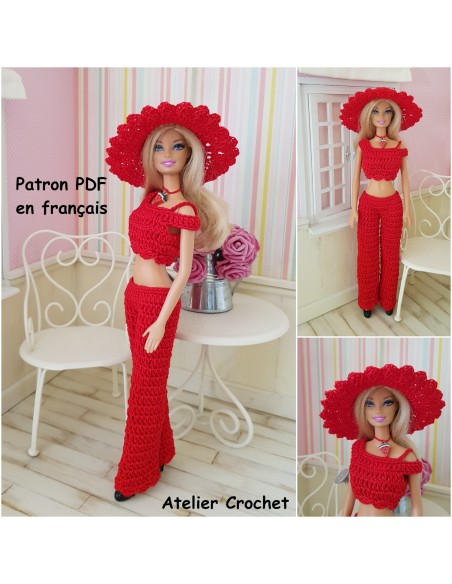 Top, pantalon et chapeau patron PDF de crochet pour poupée Barbie